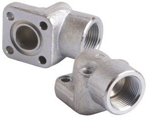 Bride acier coudée 4 trous entraxe 55 vis M8 taraudée 3/4" BSP