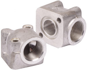 Bride aluminium coudée 2 trous entraxe 35 vis M6 taraudée 1/2" BSP