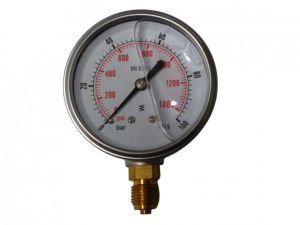 Manomètre inox Ø63 à bain de glyérine 0-100 bar avec raccord vertical en 1/4"