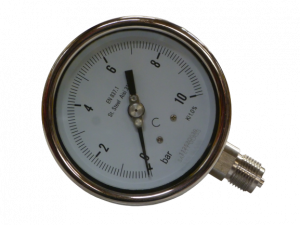 Manomètre inox Ø100 à bain de glycérine 0-10 bar avec raccord vertical en 1/2"