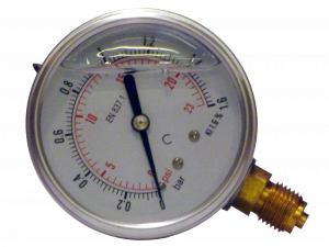 Manomètre inox Ø63 à bain de glyérine 0-1,6 bar avec raccord vertical en 1/4"